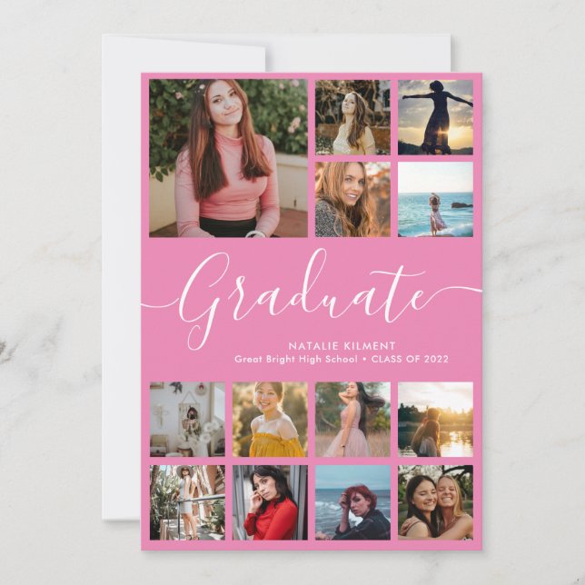 Invitation Script Graduate 14 Photo Collage Pink Graduation (Devant)