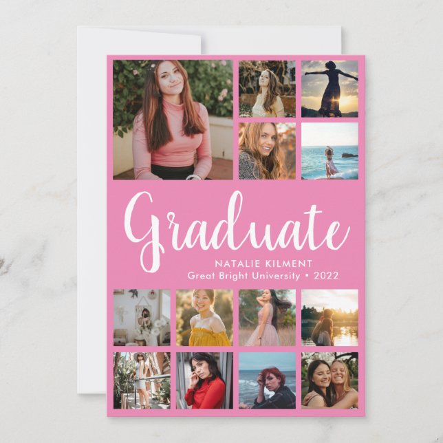 Invitation Script Graduate 14 Photo Collage Pink Graduation (Devant)
