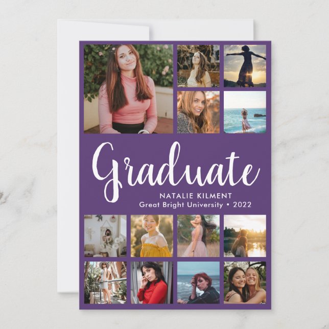 Invitation Script Graduate 14 Photo Collage Purple Graduation (Devant)