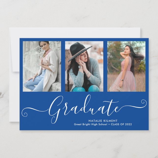 Invitation Script Graduate 4 Photo Collage Bleu Graduation (Devant)