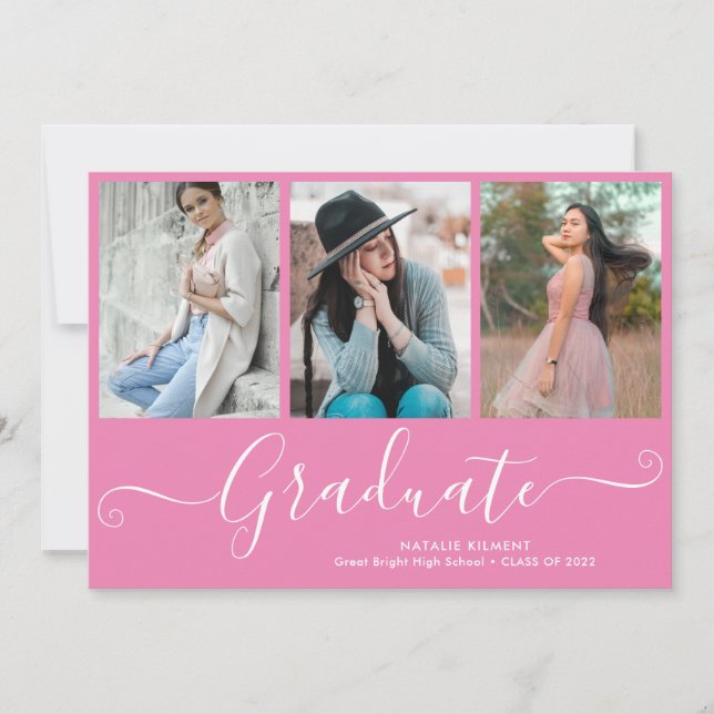 Invitation Script Graduate 4 Photo Collage Pink Graduation (Devant)