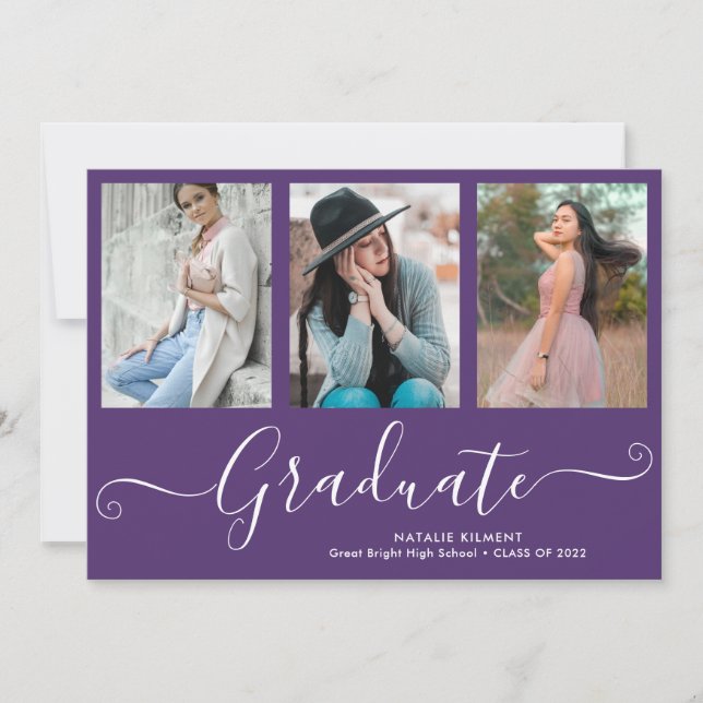 Invitation Script Graduate 4 Photo Collage Purple Graduation (Devant)