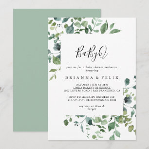 Invitation Script Green Foliage BabyQ Baby shower Barbecue