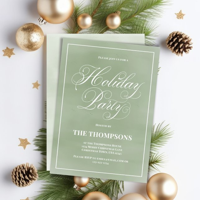 Invitation Script Green Holiday Party (Holiday party custom invitation card with calligraphy script. )