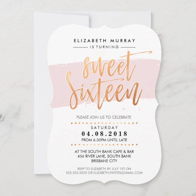 Invitation SCRIPT LETTERED À LA MAIN doux 16 rose cuivre tend (Devant)