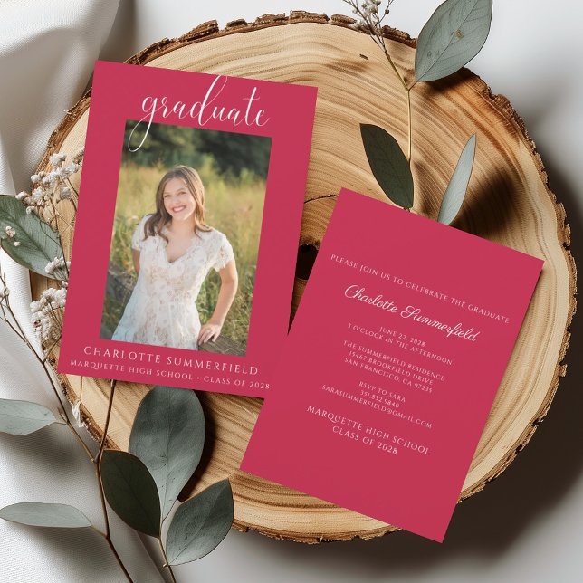 Invitation Script manuscrit Red Photo Graduation Party (Créateur téléchargé)