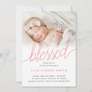 Invitation Script manuscrit rose Christening Baptême Photo