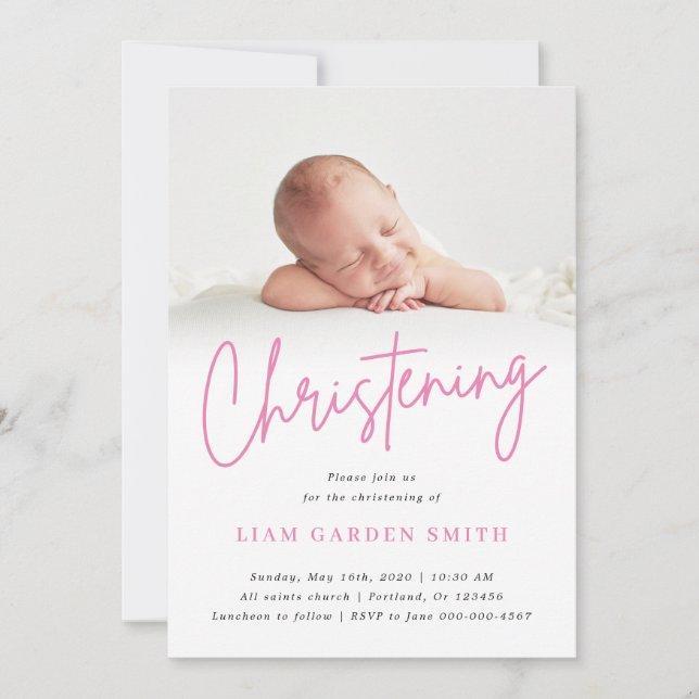 Invitation Script manuscrit rose Christening Baptême Photo (Devant)