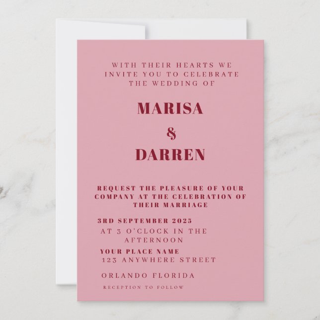 Invitation Script manuscrit rose et rouge Mariage personnalis (Devant)