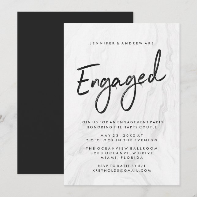 Invitation Script Marbre blanc moderne | Partie d'engagement (Devant / Derrière)