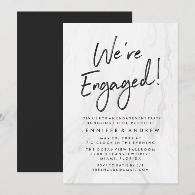 Invitation Script Marbre blanc moderne | Partie d'engagement (Devant / Derrière)