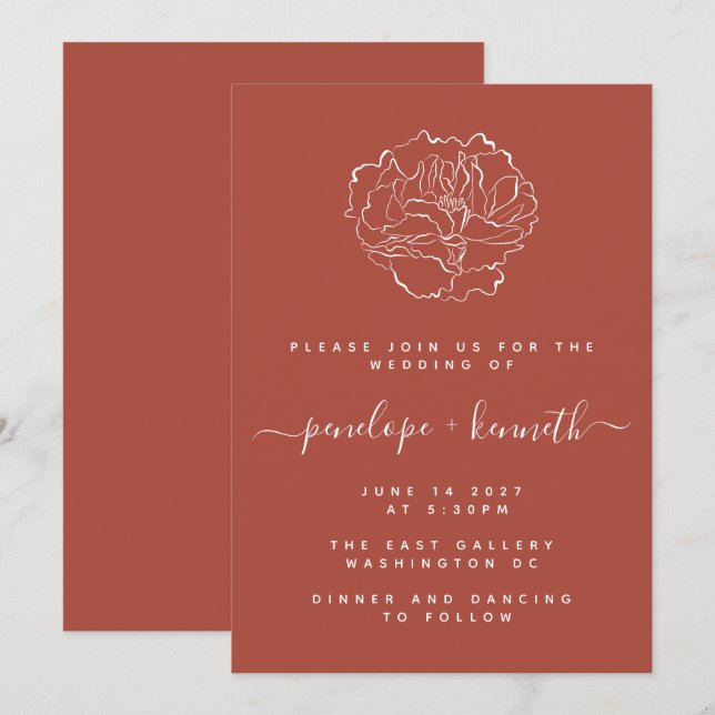Invitation Script minimal Mariage d'art floral | Terracotta (Devant / Derrière)