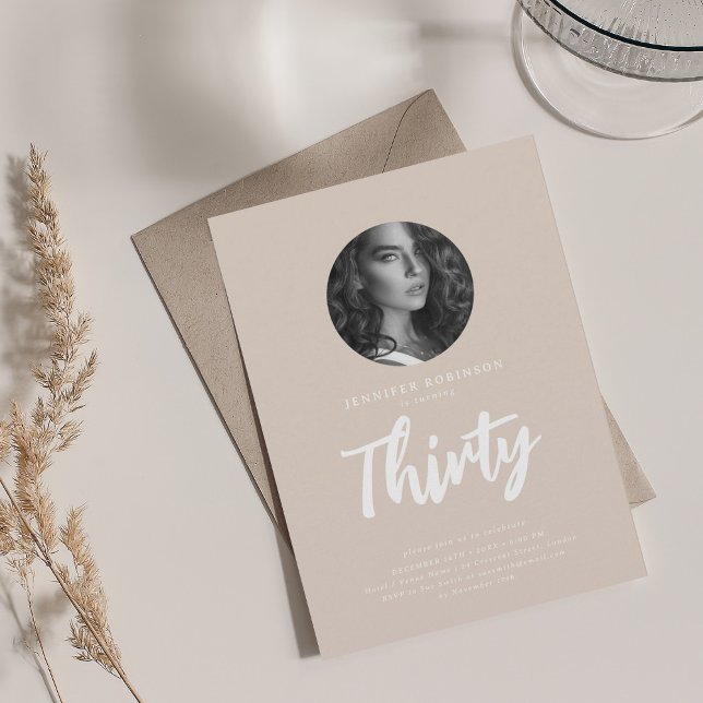 Invitation Script minimal photo 30e anniversaire Champagne (Minimal Script Photo 30th Birthday Champagne Invitation)