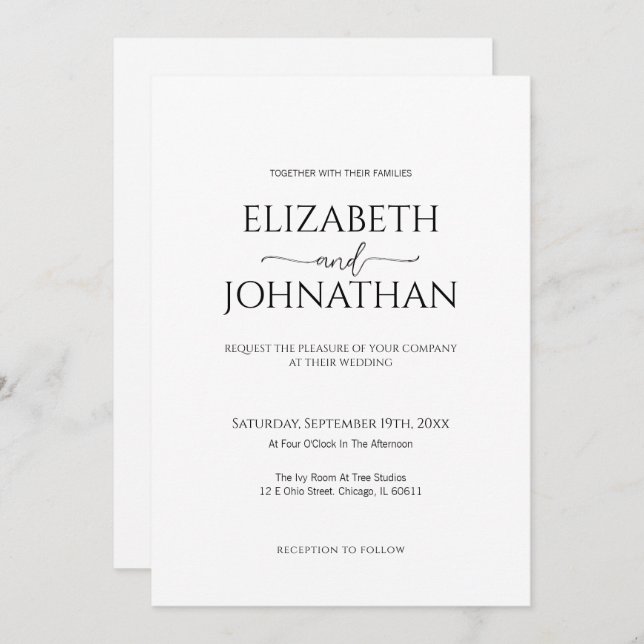 Invitation Script minimal simple Mariage noir et blanc (Devant / Derrière)