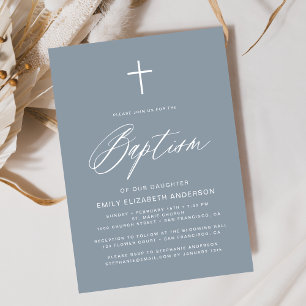 Invitation Script minimaliste Dusty Blue Simple Baptême