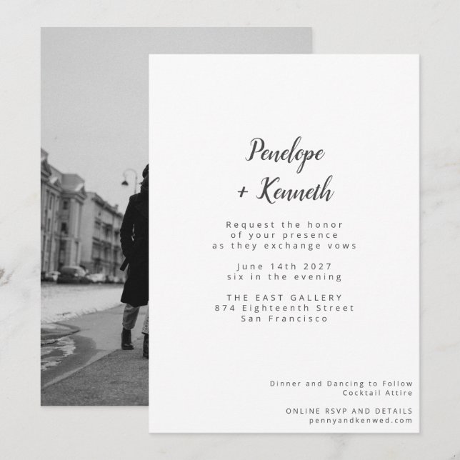 Invitation Script minimaliste Mariage photo moderne blanc (Devant / Derrière)
