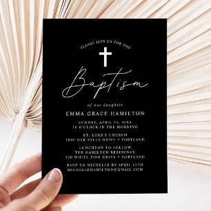 Invitation Script minimaliste moderne Baptême noir et blanc