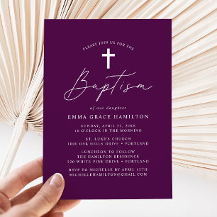 Invitation Script minimaliste moderne Baptême violet