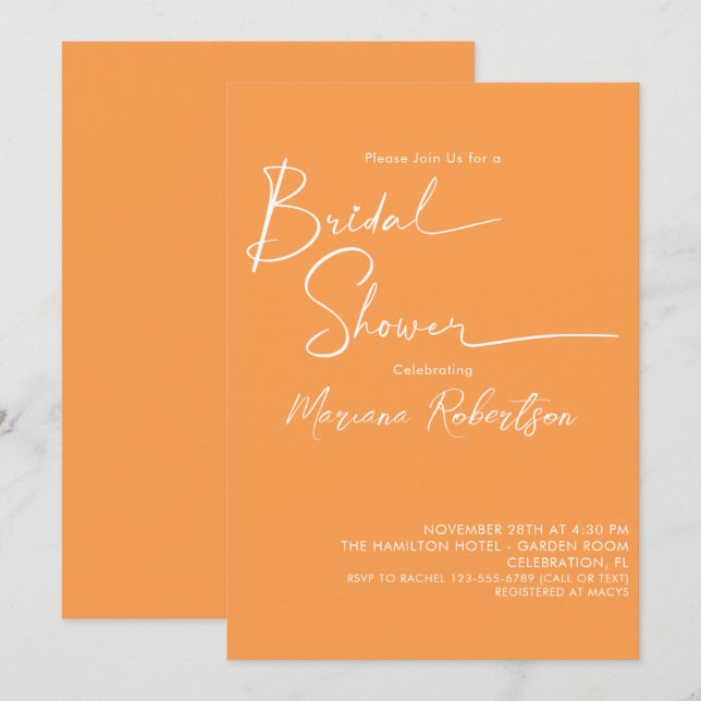 Invitation Script minimaliste moderne Fête des mariées orange (Devant / Derrière)