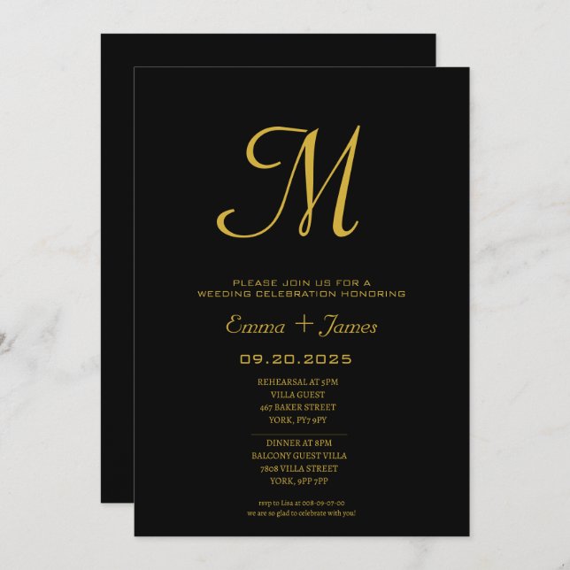 Invitation Script minimaliste Monogramme Mariage d'or noir (Devant / Derrière)
