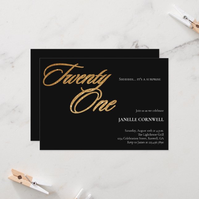Invitation Script minimaliste noir et or 21e anniversaire (Devant/Arrière en situation)