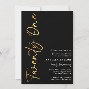 Invitation Script minimaliste noir et or 21e anniversaire