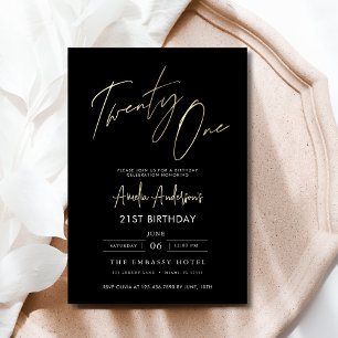 Invitation Script minimaliste noir et or 21e anniversaire