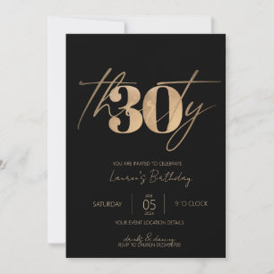 Invitation Script minimaliste noir et or 30e anniversaire