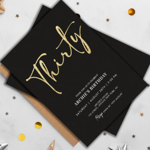 Invitation Script minimaliste noir et or 30e anniversaire
