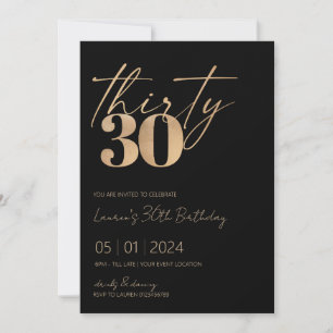 Invitation Script minimaliste noir et or 30e anniversaire