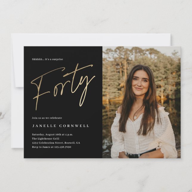 Invitation Script minimaliste noir et or 40e anniversaire (Devant)