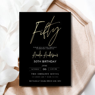 Invitation Script minimaliste noir et or 50e anniversaire