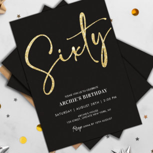 Invitation Script minimaliste noir et or 60e anniversaire