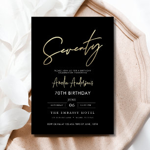 Invitation Script minimaliste noir et or 70e anniversaire