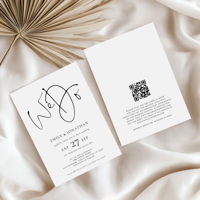 Invitation Script minimaliste Nous faisons QR Code Mariage (front and back view)