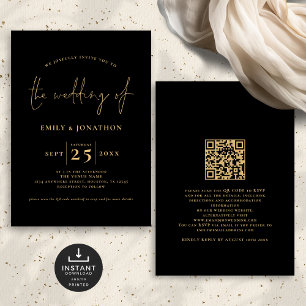 Invitation Script minimaliste QR Code Black Gold Mariage