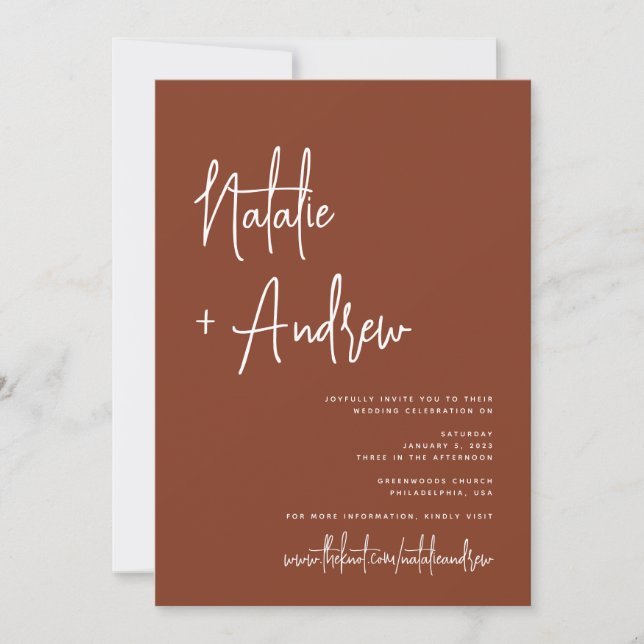 Invitation Script minimaliste Terracotta Mariage virtuel (Devant)