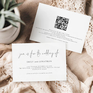Invitation Script minimaliste Texte QR Code noir blanc Mariag