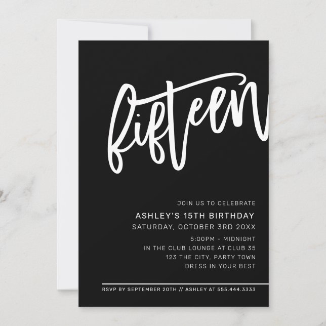 Invitation SCRIPT MODERNE 15e anniversaire fête noir blanc (Devant)