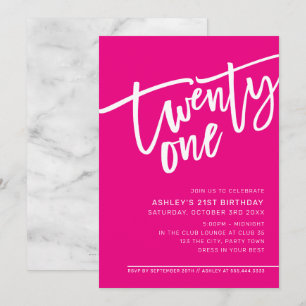 Invitation SCRIPT MODERNE 21e anniversaire fête chaude rose b