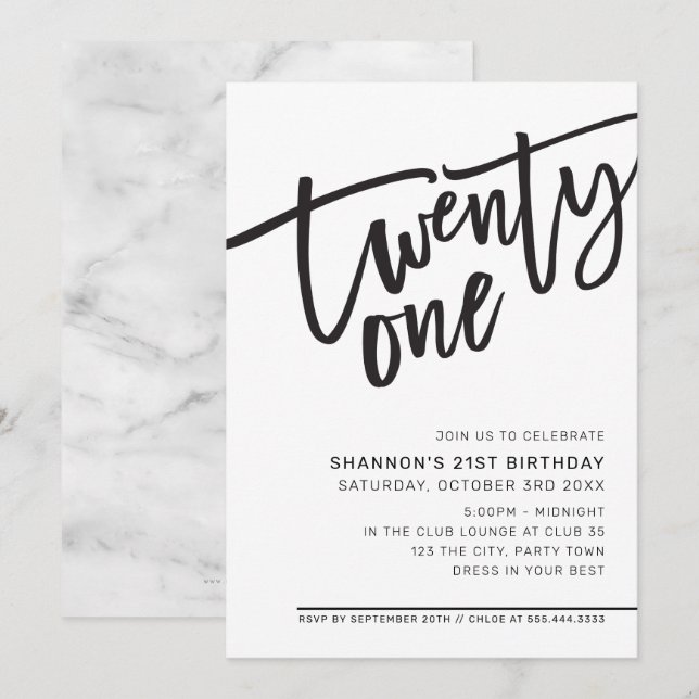 Invitation SCRIPT MODERNE 21e anniversaire fête noir blanc (Devant / Derrière)