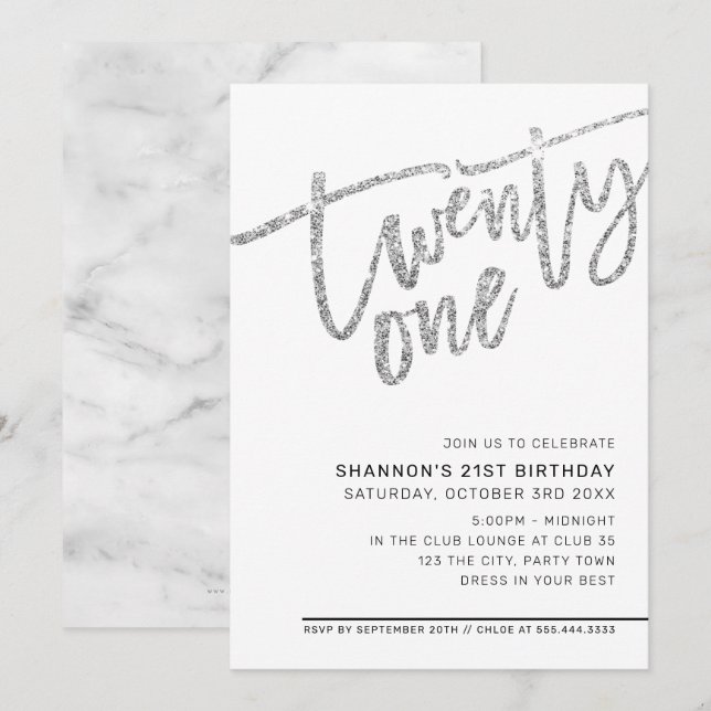 Invitation SCRIPT MODERNE 21e anniversaire parties scintillan (Devant / Derrière)
