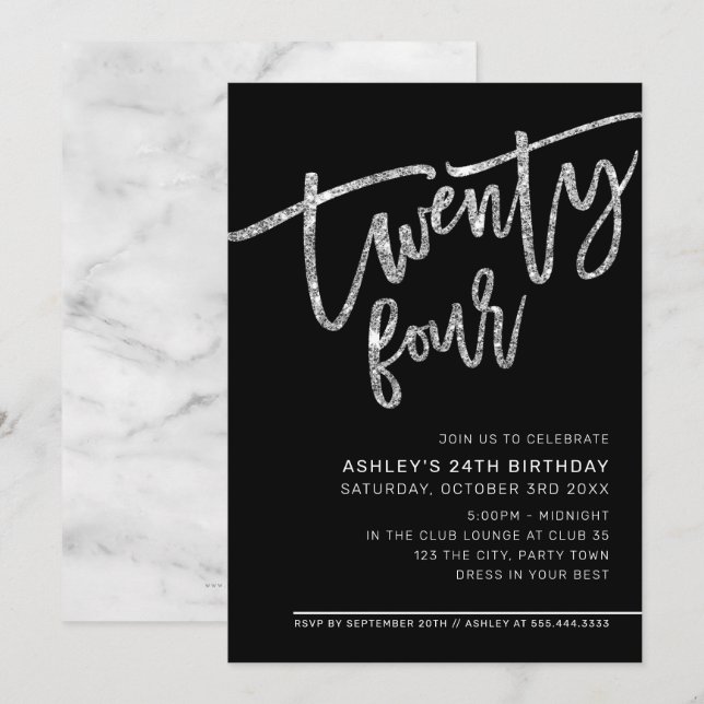Invitation SCRIPT MODERNE 24e anniversaire noir argent partie (Devant / Derrière)