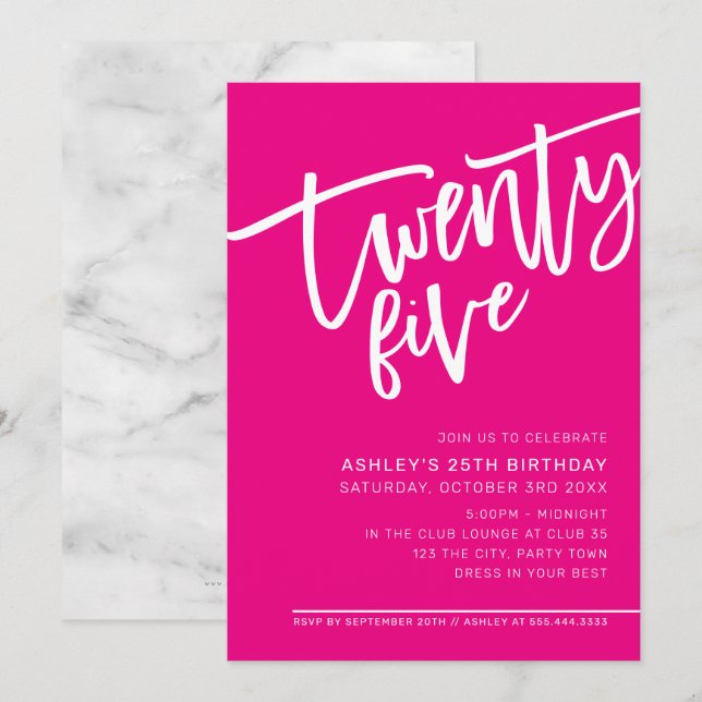 Invitation SCRIPT MODERNE 25e anniversaire fête chaude rose b (Devant / Derrière)