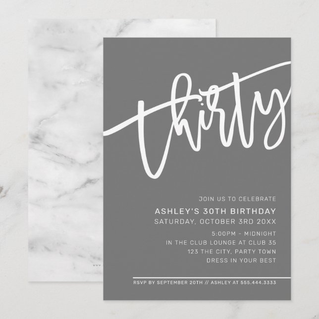 Invitation SCRIPT MODERNE 30e anniversaire gris gris gris bla (Devant / Derrière)