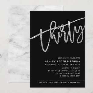 Invitation SCRIPT MODERNE 30e anniversaire noir argent partie