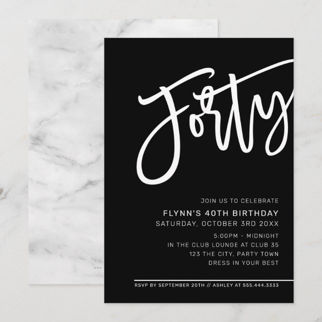 Invitation SCRIPT MODERNE 40e anniversaire fête noir blanc (Devant / Derrière)