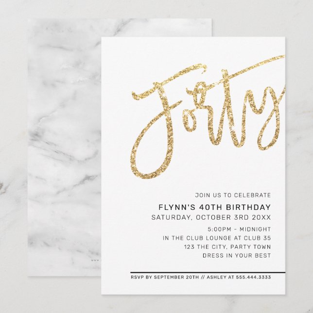 Invitation SCRIPT MODERNE 40e anniversaire parties scintillan (Devant / Derrière)