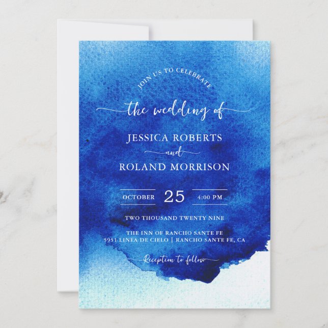 Invitation Script moderne Aquarelle Indigo Mariage bleu (Devant)