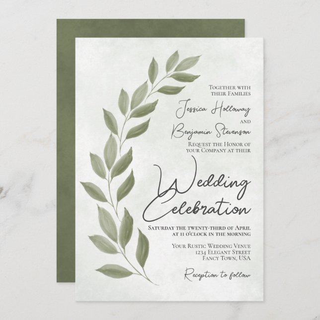 Invitation Script moderne Aquarelle Sage Mariage de verdure (Devant / Derrière)